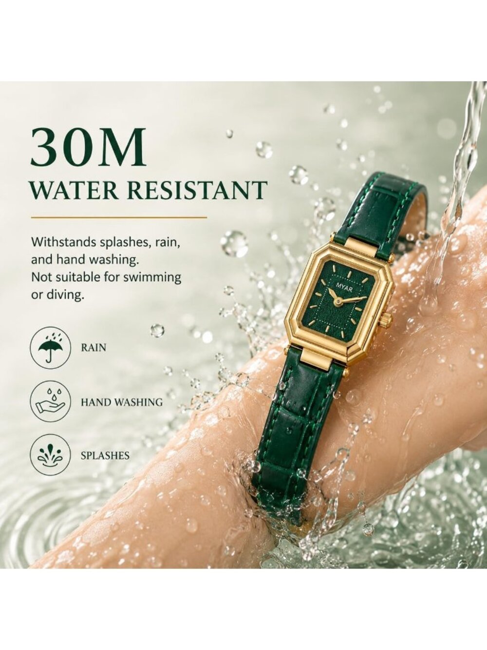 Women's Green Square Vintage Leather Strap Dress Quartz Elegant Wrist Watches - Picture 6 of 6
